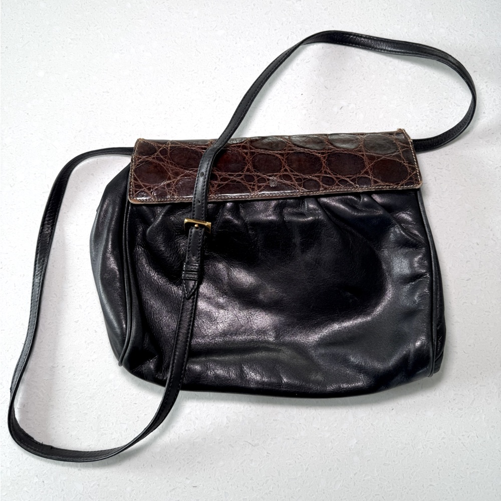 Vintage Loewe Black Shoulder Bag with Croc Embossed Flap